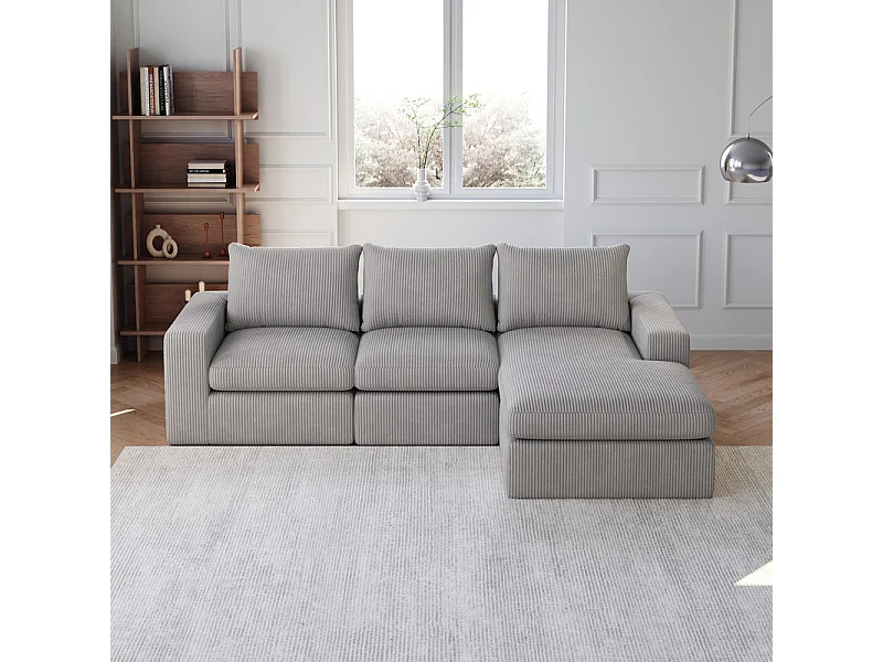 Canapé 3 Places d'angle modulable, en velours côtelé, avec Méridienne réversible, 3 coussins et oreillers cervicaux, Gris clair