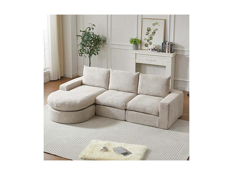 Modulaire 3-zits Hoekbank, met Omkeerbare Gebogen Lounger, 3 Kussens en Nekkussens, Chenille Stof, Beige