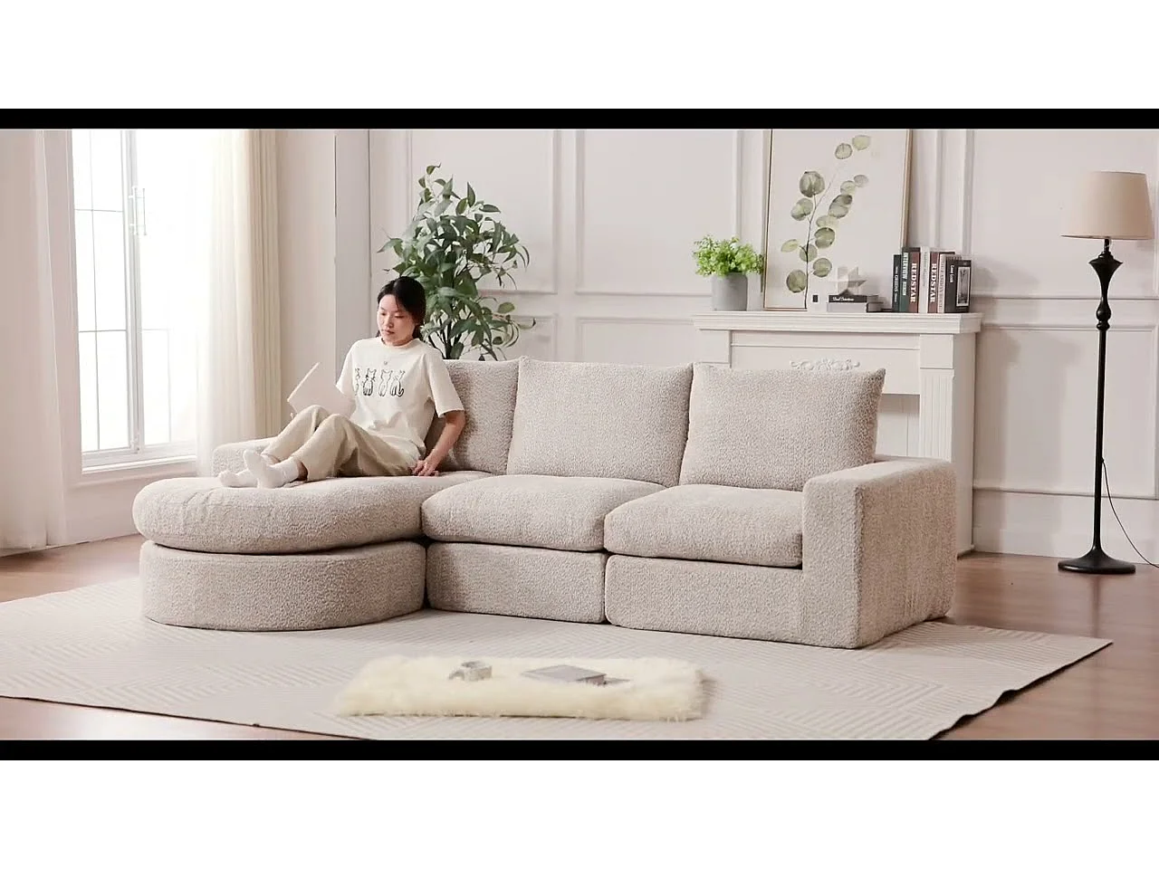 Canapé 3 places d'angle modulable, avec méridienne incurvé réversible, 3 oreillers et oreillers cervicaux, tissu chenille, Beige