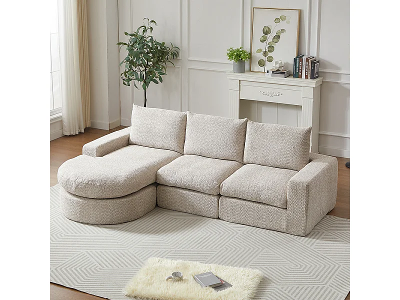 Canapé 3 places d'angle modulable, avec méridienne incurvé réversible, 3 oreillers et oreillers cervicaux, tissu chenille, Beige