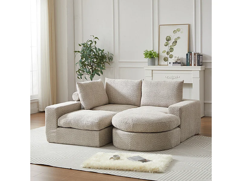 Canapé 3 places d'angle modulable, avec méridienne incurvé réversible, 3 oreillers et oreillers cervicaux, tissu chenille, Beige