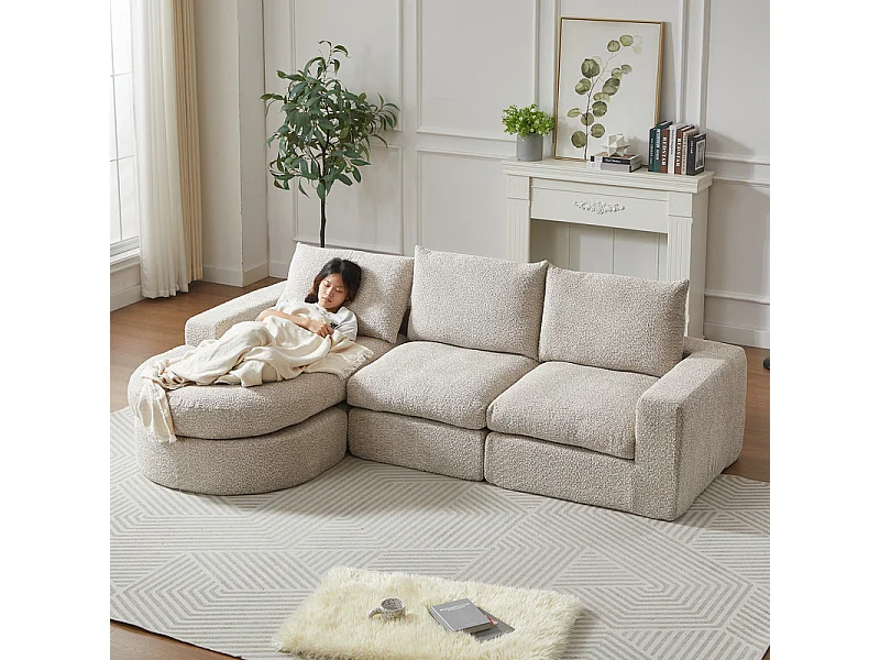 Canapé 3 places d'angle modulable, avec méridienne incurvé réversible, 3 oreillers et oreillers cervicaux, tissu chenille, Beige