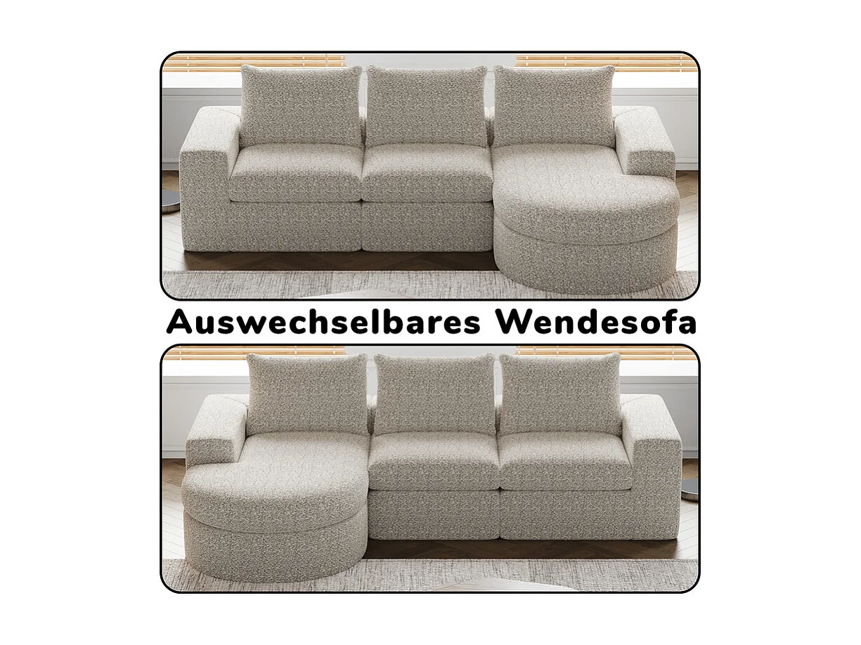 Canapé 3 places d'angle modulable, avec méridienne incurvé réversible, 3 oreillers et oreillers cervicaux, tissu chenille, Beige