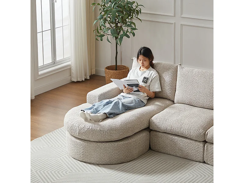 Canapé 3 places d'angle modulable, avec méridienne incurvé réversible, 3 oreillers et oreillers cervicaux, tissu chenille, Beige