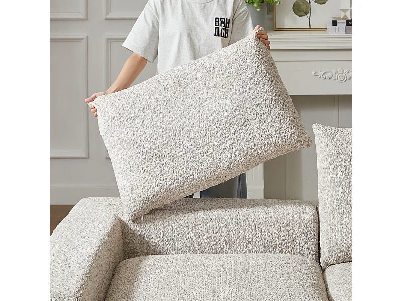 Canapé 3 places d'angle modulable, avec méridienne incurvé réversible, 3 oreillers et oreillers cervicaux, tissu chenille, Beige