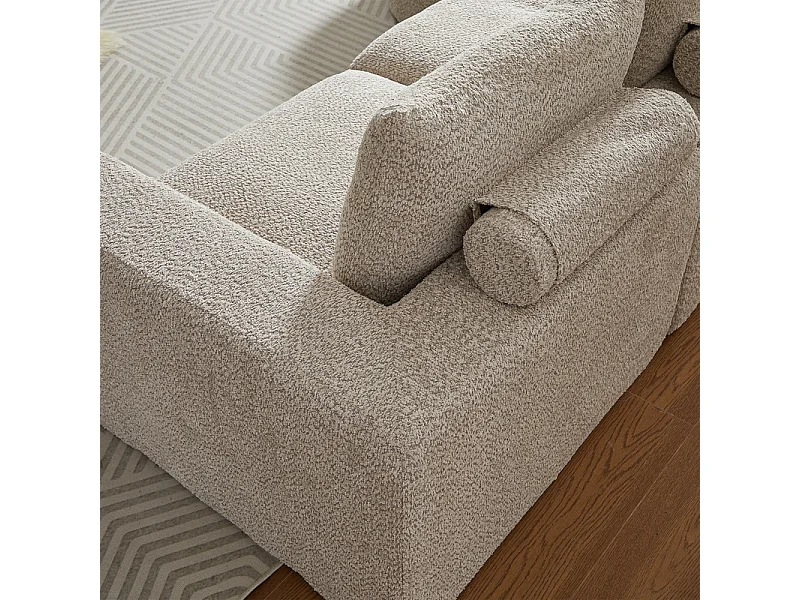 Canapé 3 places d'angle modulable, avec méridienne incurvé réversible, 3 oreillers et oreillers cervicaux, tissu chenille, Beige
