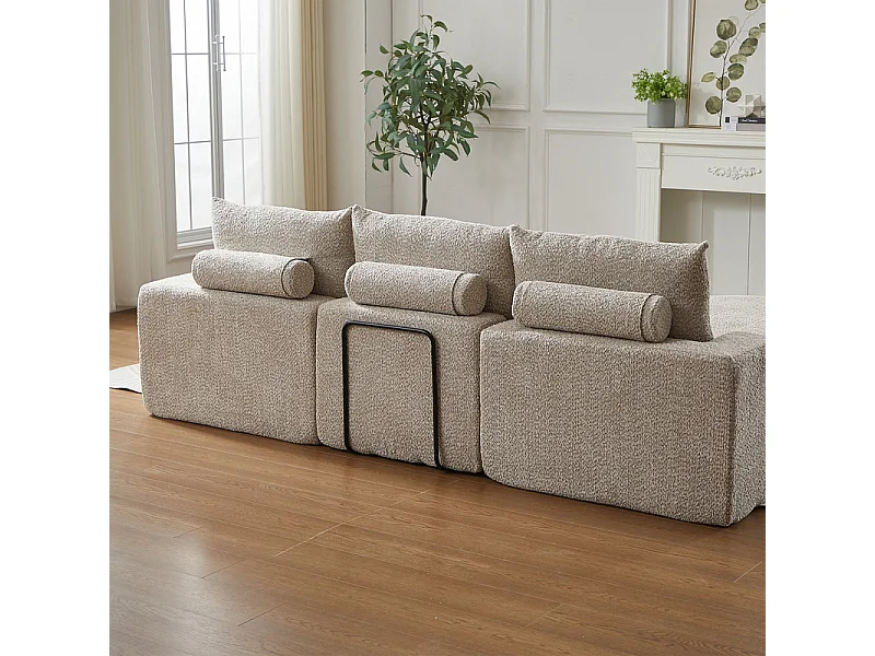 Canapé 3 places d'angle modulable, avec méridienne incurvé réversible, 3 oreillers et oreillers cervicaux, tissu chenille, Beige