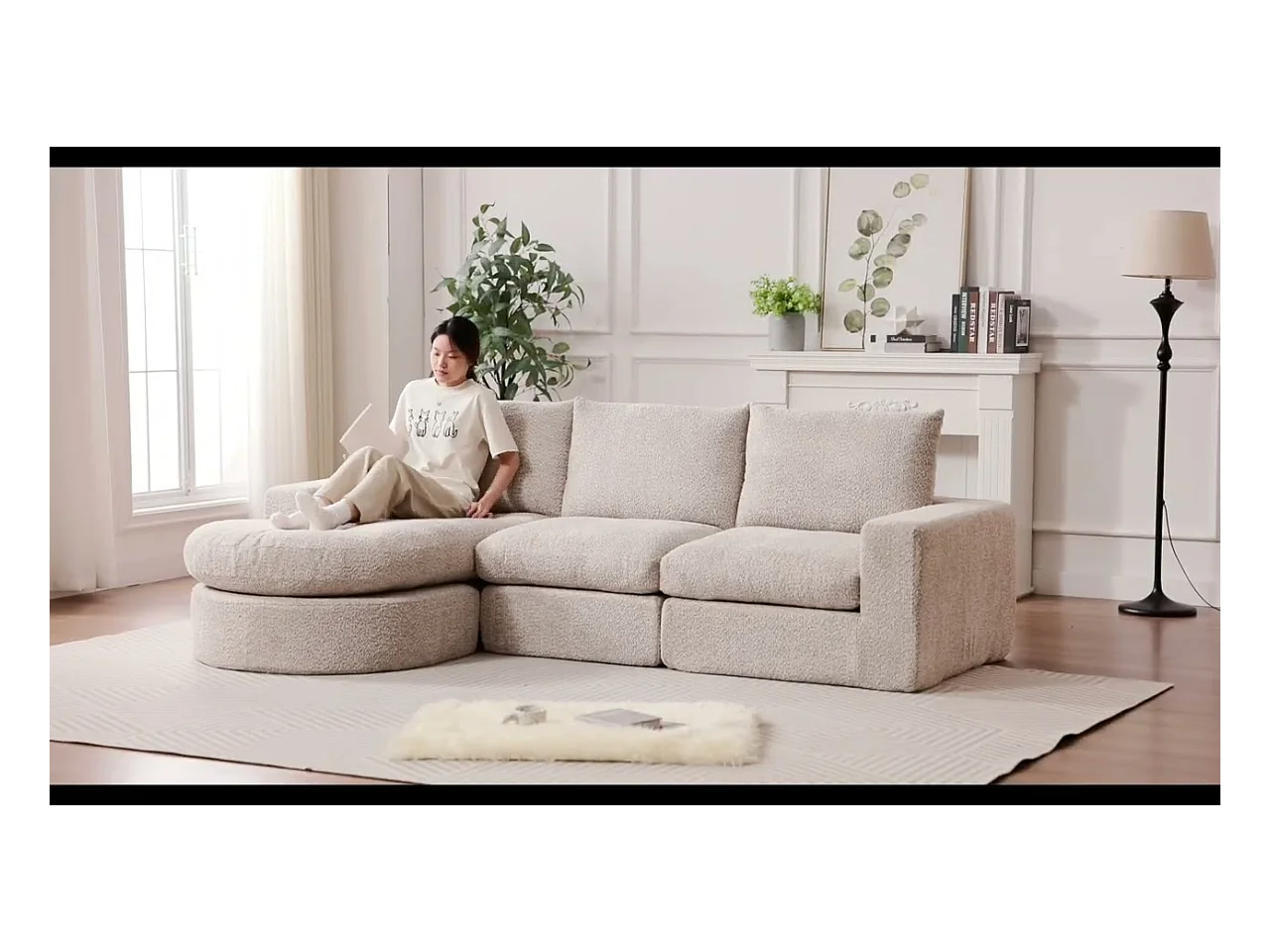 Canapé 3 places d'angle modulable, avec méridienne incurvé réversible, 3 oreillers et oreillers cervicaux, tissu chenille, Gris