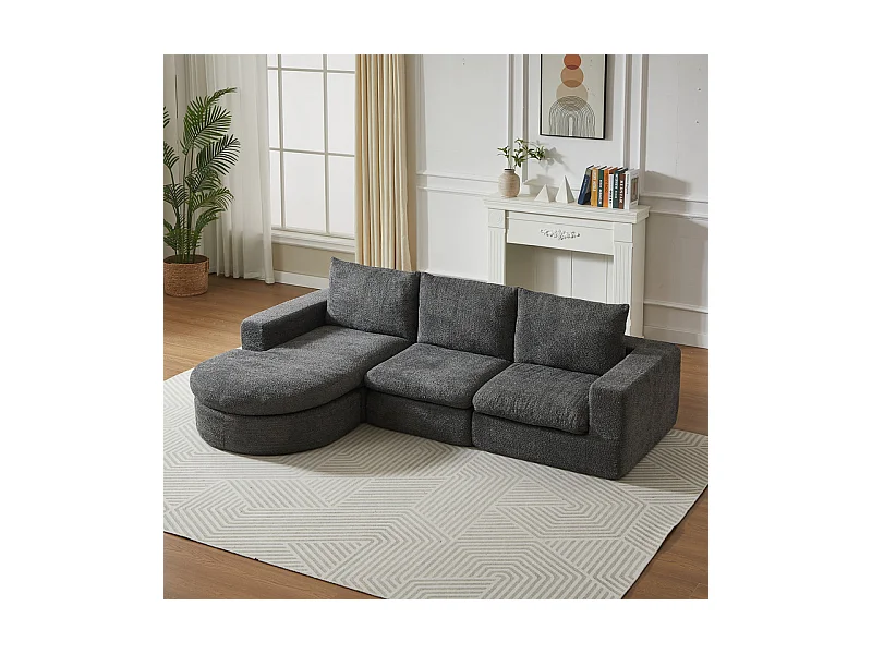 Canapé 3 places d'angle modulable, avec méridienne incurvé réversible, 3 oreillers et oreillers cervicaux, tissu chenille, Gris