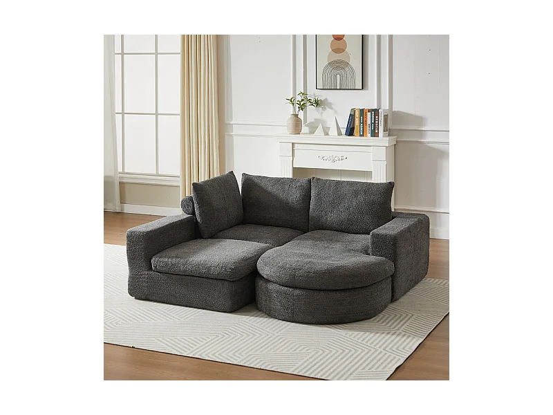 Canapé 3 places d'angle modulable, avec méridienne incurvé réversible, 3 oreillers et oreillers cervicaux, tissu chenille, Gris