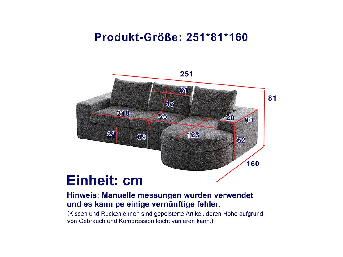Canapé 3 places d'angle modulable, avec méridienne incurvé réversible, 3 oreillers et oreillers cervicaux, tissu chenille, Gris