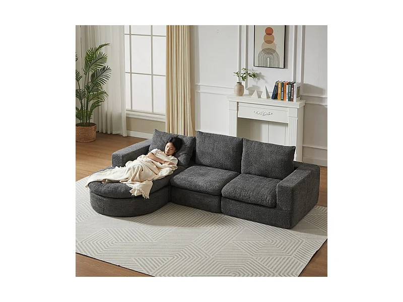 Canapé 3 places d'angle modulable, avec méridienne incurvé réversible, 3 oreillers et oreillers cervicaux, tissu chenille, Gris