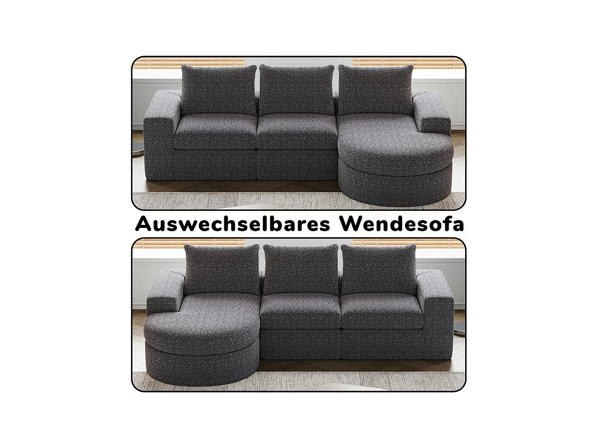 Canapé 3 places d'angle modulable, avec méridienne incurvé réversible, 3 oreillers et oreillers cervicaux, tissu chenille, Gris