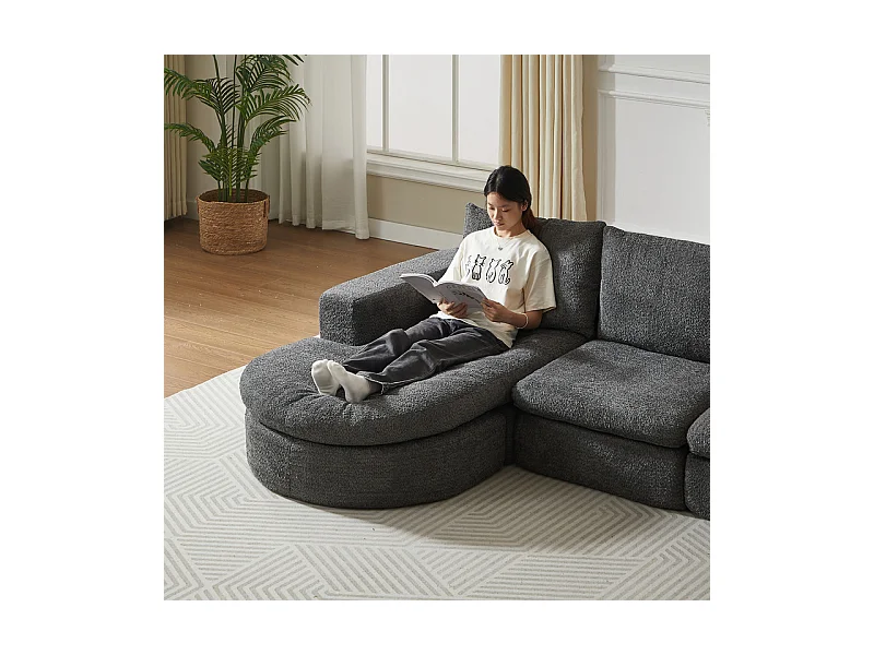 Canapé 3 places d'angle modulable, avec méridienne incurvé réversible, 3 oreillers et oreillers cervicaux, tissu chenille, Gris