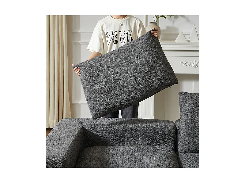 Canapé 3 places d'angle modulable, avec méridienne incurvé réversible, 3 oreillers et oreillers cervicaux, tissu chenille, Gris