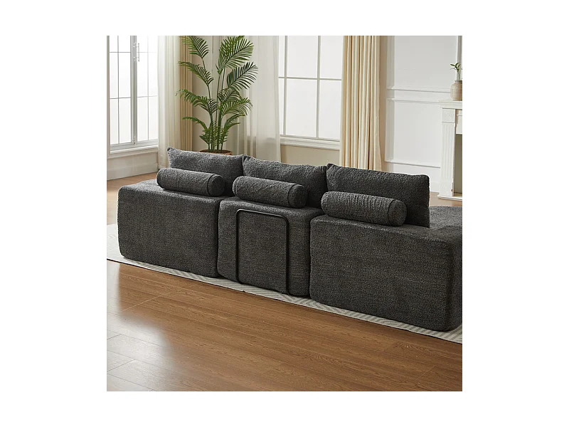 Canapé 3 places d'angle modulable, avec méridienne incurvé réversible, 3 oreillers et oreillers cervicaux, tissu chenille, Gris