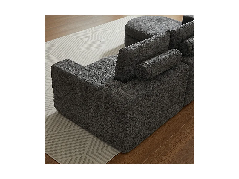 Canapé 3 places d'angle modulable, avec méridienne incurvé réversible, 3 oreillers et oreillers cervicaux, tissu chenille, Gris