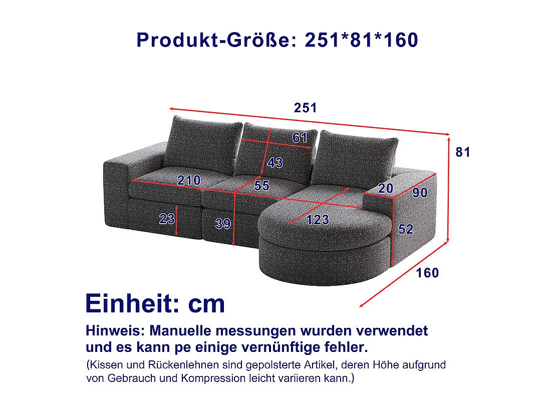 Canapé 3 places d'angle modulable, avec méridienne incurvé réversible, 3 oreillers et oreillers cervicaux, tissu chenille, Gris