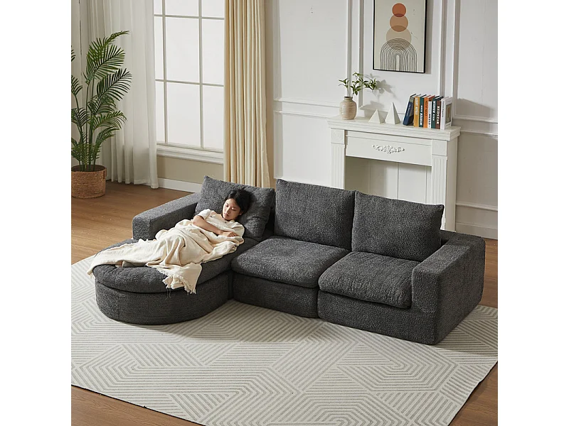 Canapé 3 places d'angle modulable, avec méridienne incurvé réversible, 3 oreillers et oreillers cervicaux, tissu chenille, Gris