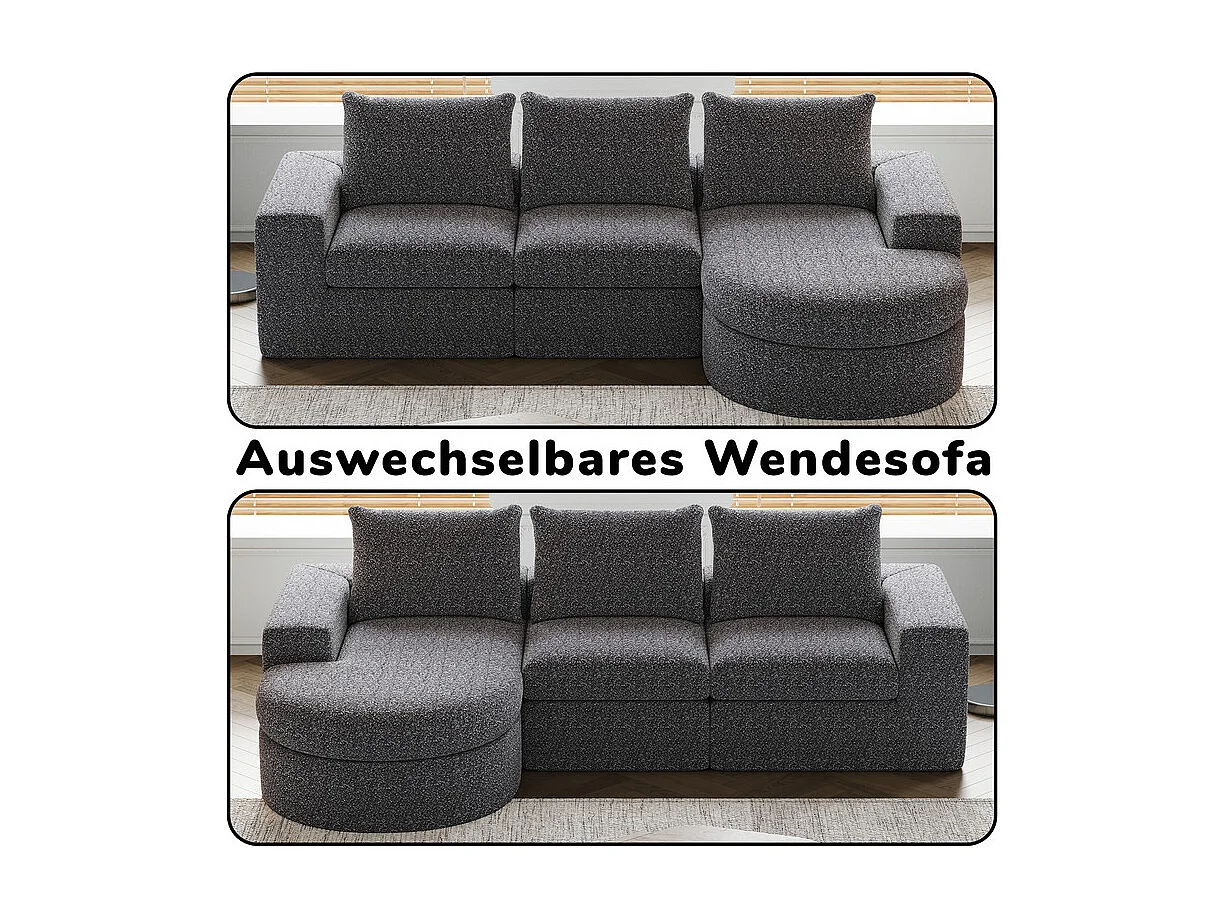 Canapé 3 places d'angle modulable, avec méridienne incurvé réversible, 3 oreillers et oreillers cervicaux, tissu chenille, Gris