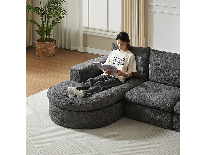 Canapé 3 places d'angle modulable, avec méridienne incurvé réversible, 3 oreillers et oreillers cervicaux, tissu chenille, Gris