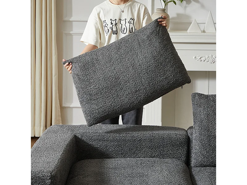 Canapé 3 places d'angle modulable, avec méridienne incurvé réversible, 3 oreillers et oreillers cervicaux, tissu chenille, Gris