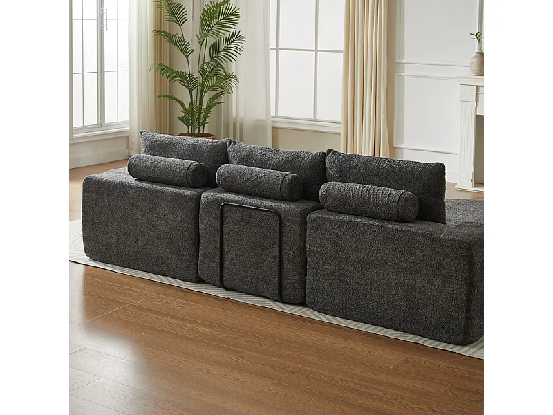 Canapé 3 places d'angle modulable, avec méridienne incurvé réversible, 3 oreillers et oreillers cervicaux, tissu chenille, Gris