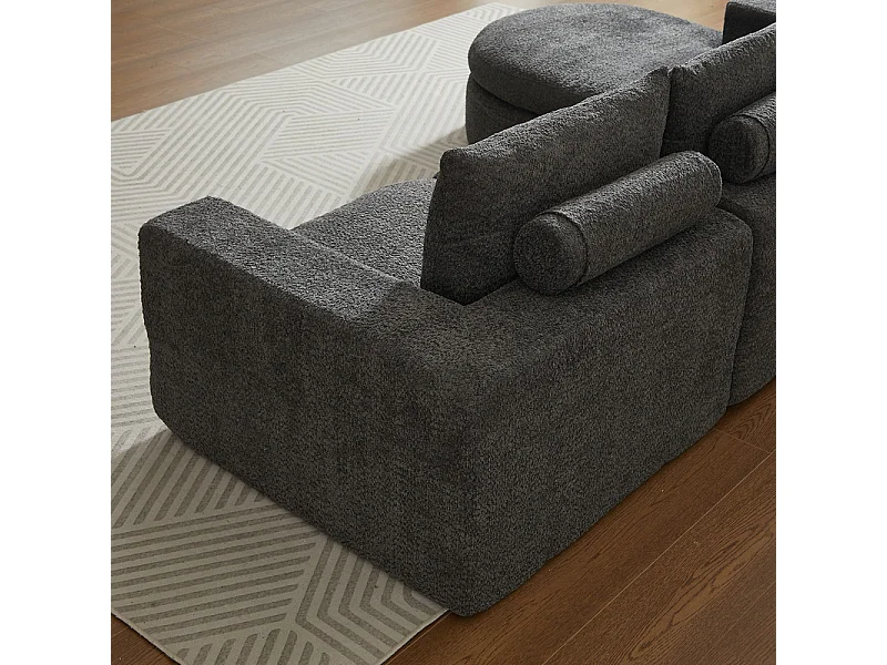 Canapé 3 places d'angle modulable, avec méridienne incurvé réversible, 3 oreillers et oreillers cervicaux, tissu chenille, Gris