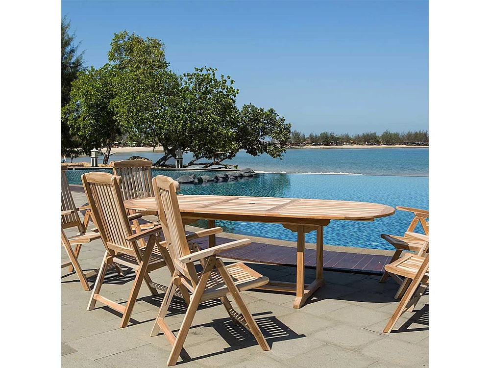 Ovaler Terrassen Esstisch aus Teak Massivholz ausziehbar