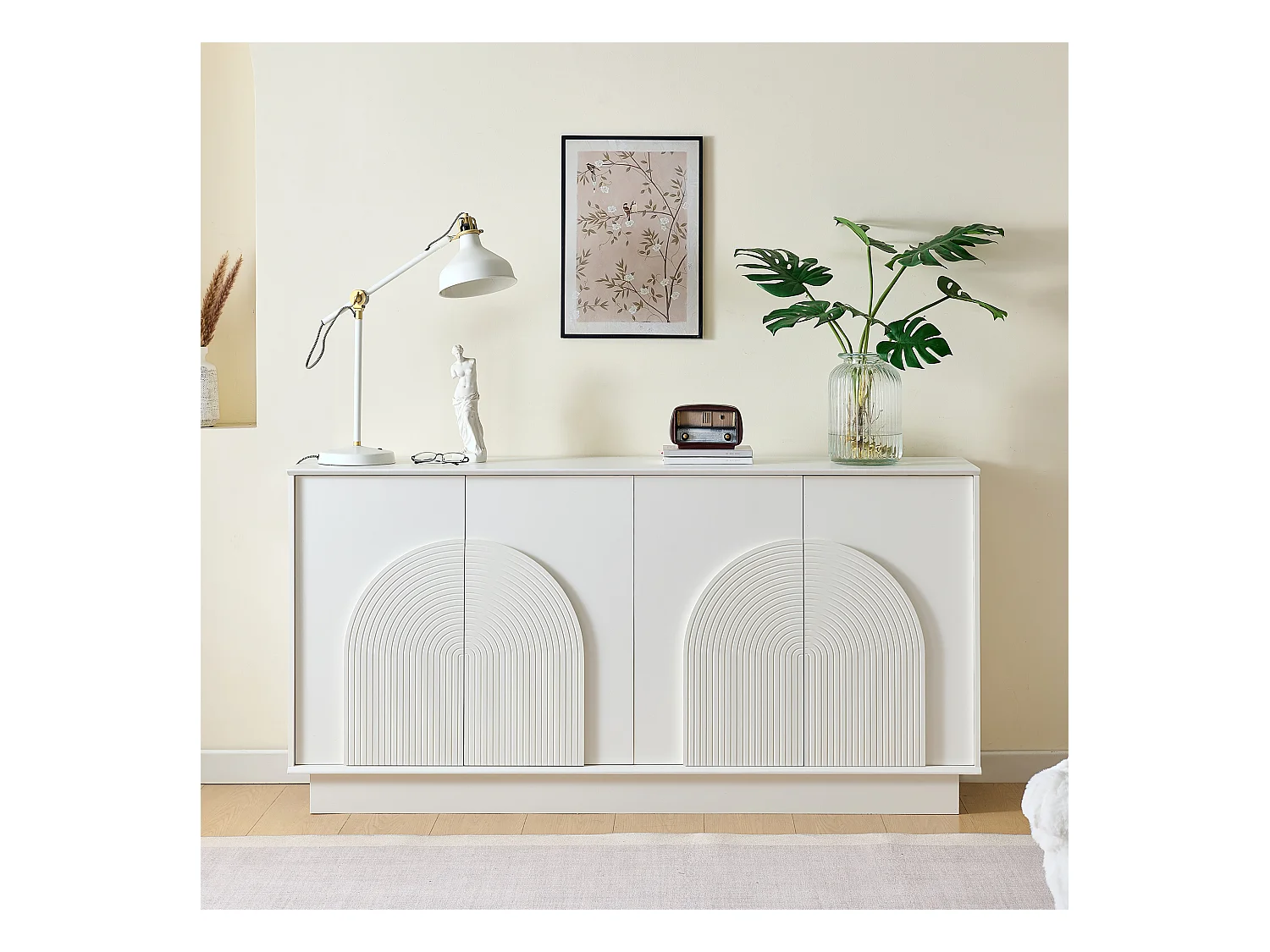 Buffet blanc à 4 portes, design portes incurvées, finition mate 160x38x80cm