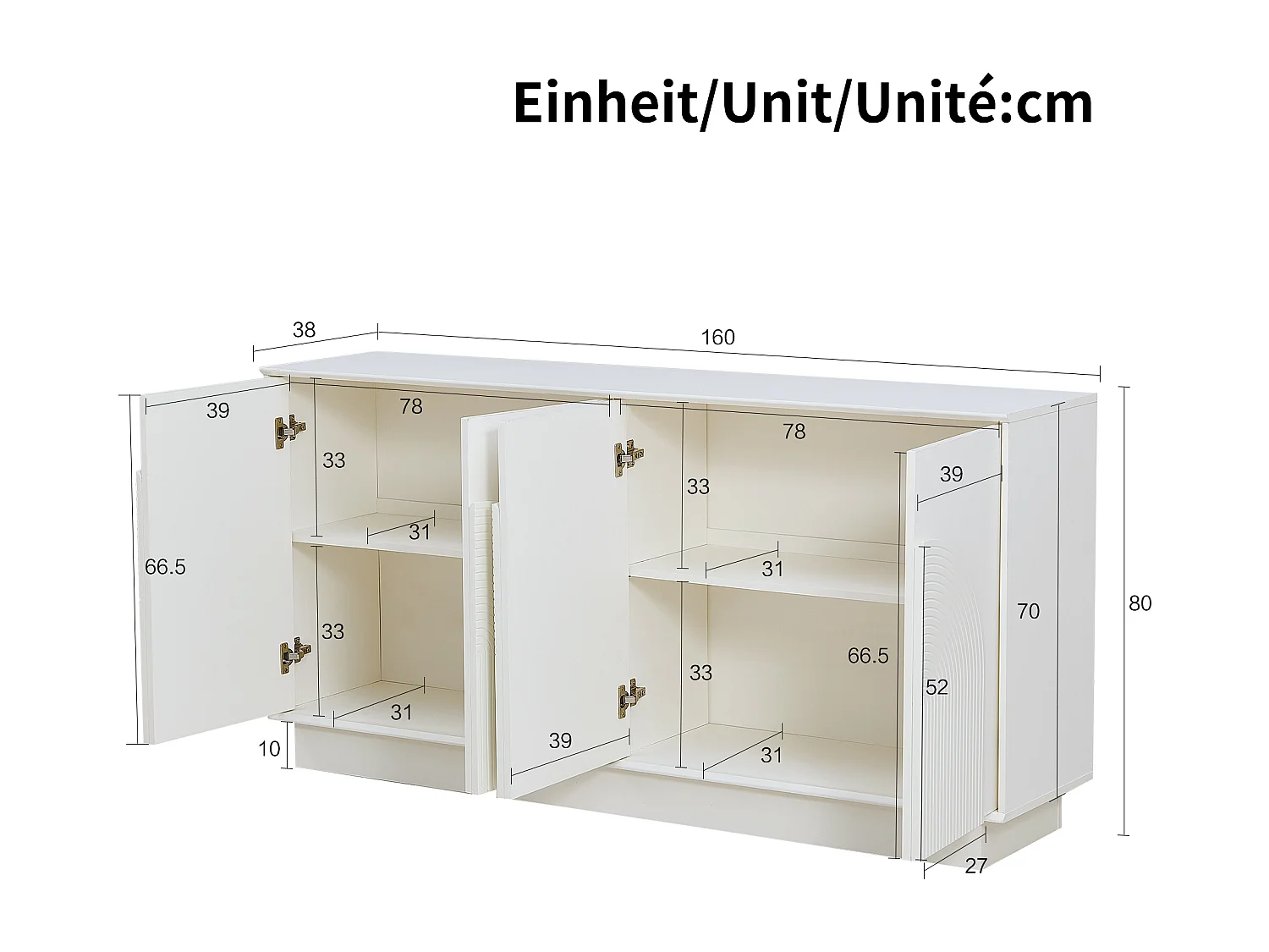 Aparador blanco de 4 puertas, diseño de puerta curva, acabado mate 160x38x80cm