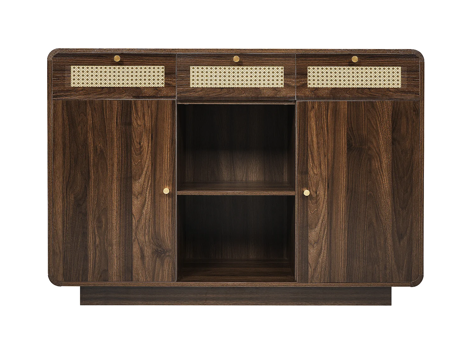 Buffet en noyer avec 2 portes, 3 tiroirs et étagères ouvertes, poignées dorées