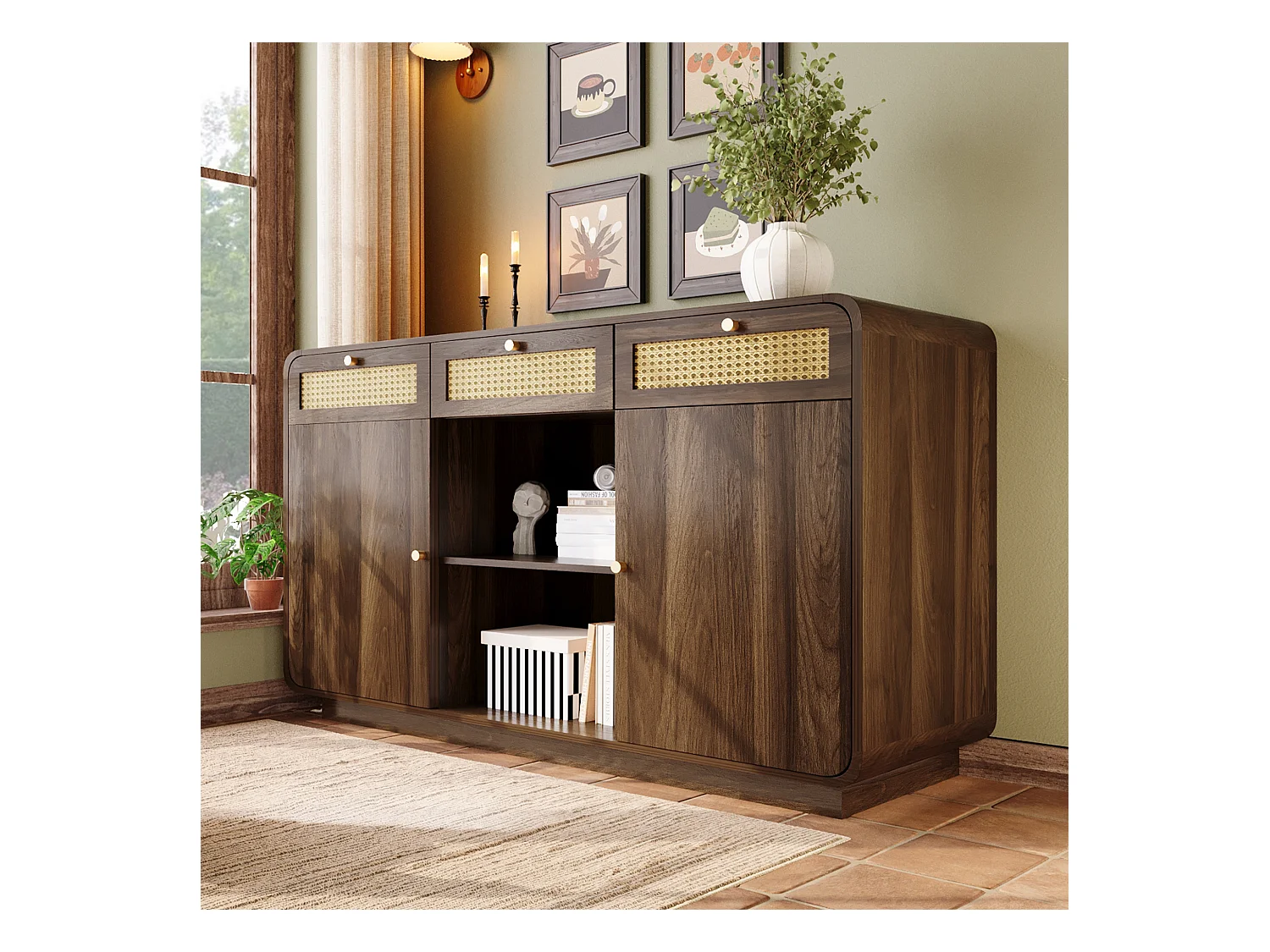 Buffet en noyer avec 2 portes, 3 tiroirs et étagères ouvertes, poignées dorées