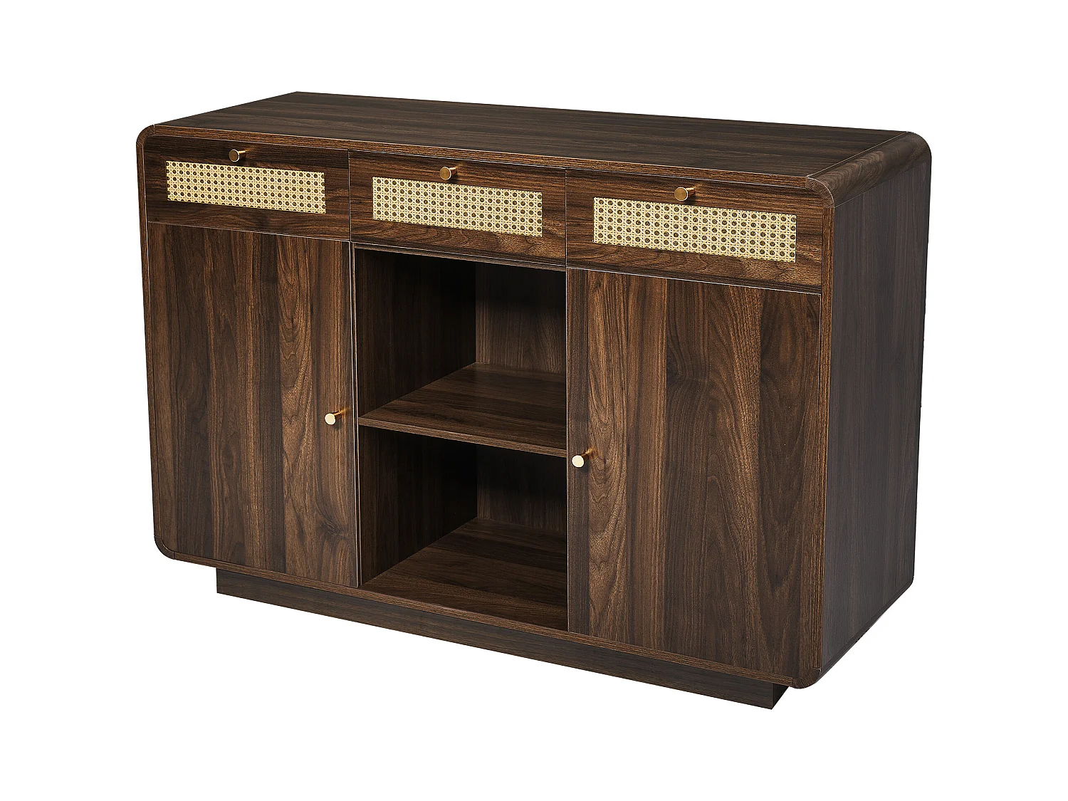 Buffet en noyer avec 2 portes, 3 tiroirs et étagères ouvertes, poignées dorées