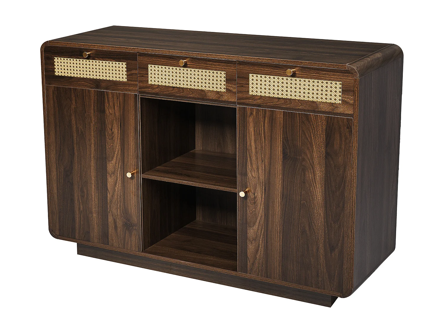 Buffet en noyer avec 2 portes, 3 tiroirs et étagères ouvertes, poignées dorées