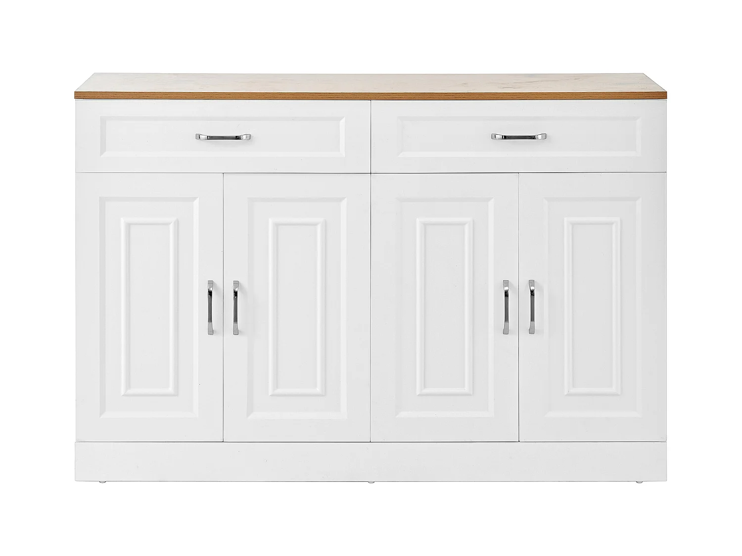 Buffet blanc avec 2 tiroirs et 4 portes, plateau effet bois 120x35x80,5cm