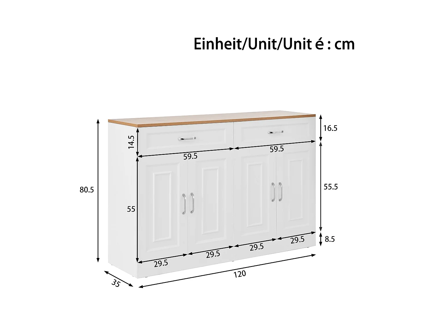 Buffet blanc avec 2 tiroirs et 4 portes, plateau effet bois 120x35x80,5cm