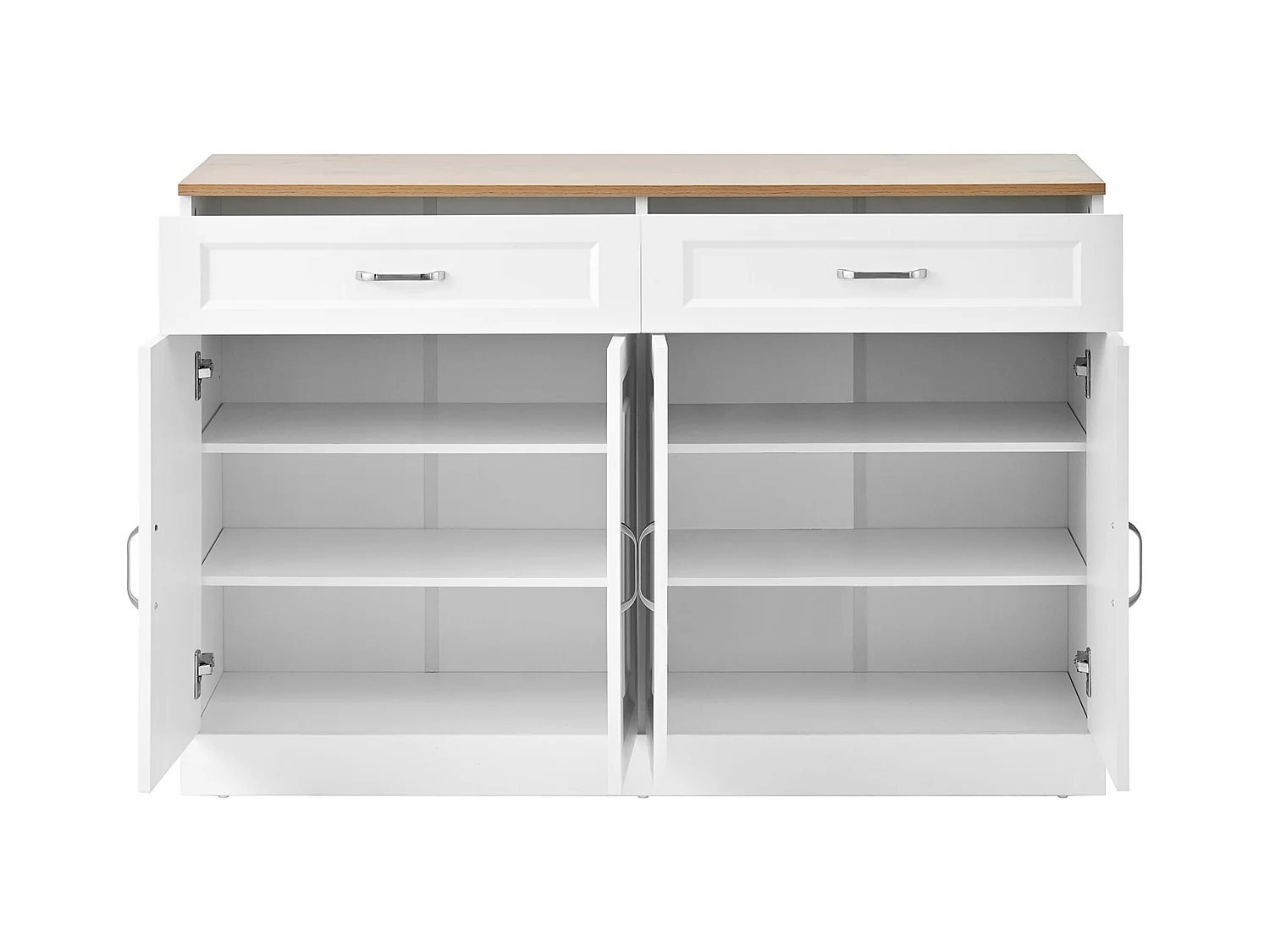 Buffet blanc avec 2 tiroirs et 4 portes, plateau effet bois 120x35x80,5cm