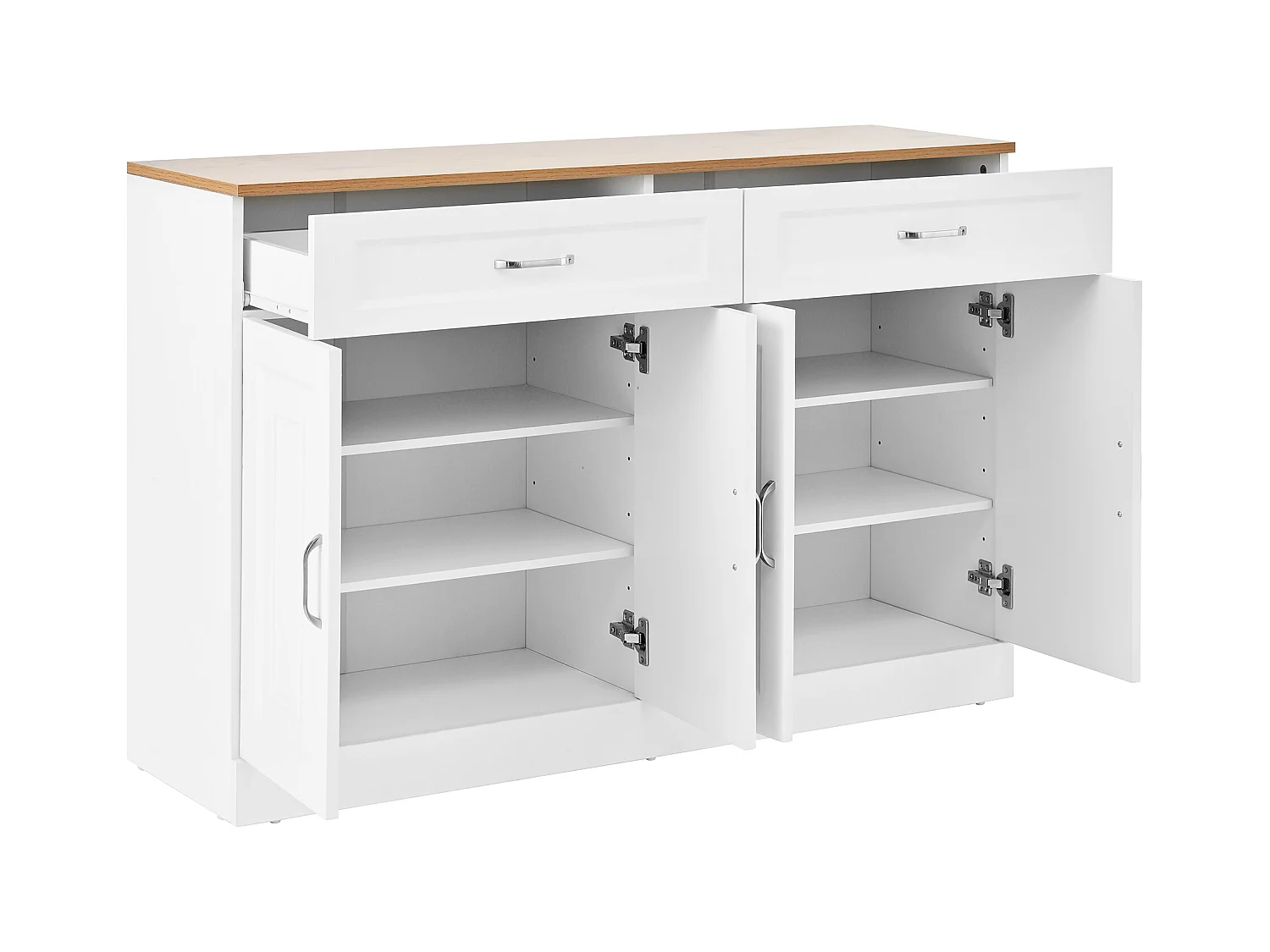 Buffet blanc avec 2 tiroirs et 4 portes, plateau effet bois 120x35x80,5cm