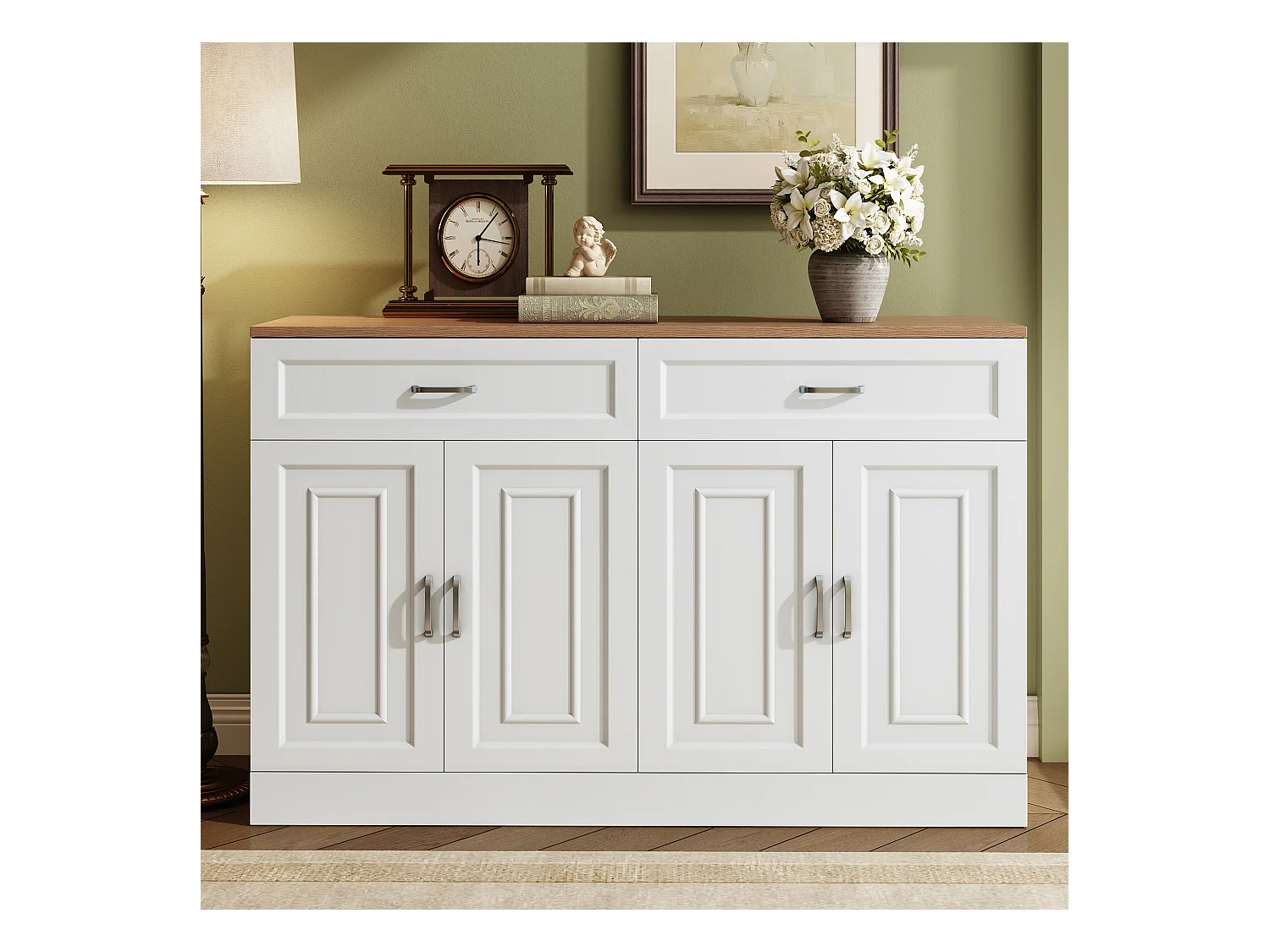Buffet blanc avec 2 tiroirs et 4 portes, plateau effet bois 120x35x80,5cm