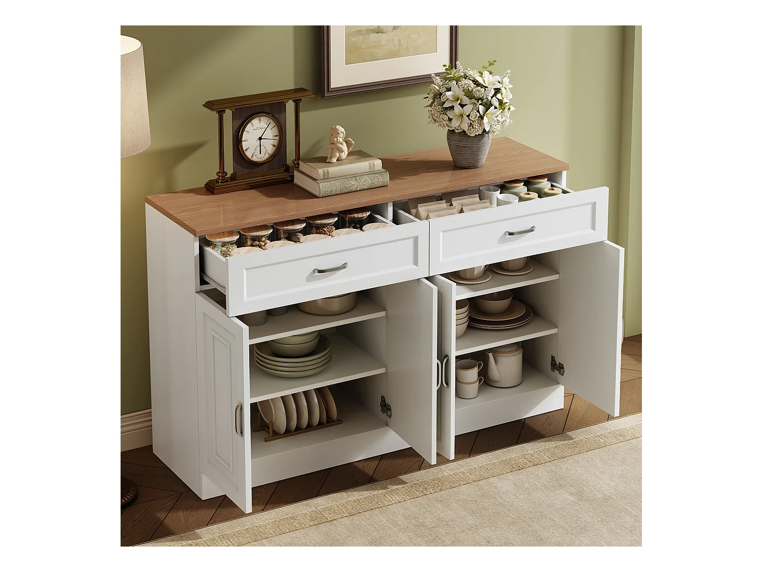 Buffet blanc avec 2 tiroirs et 4 portes, plateau effet bois 120x35x80,5cm