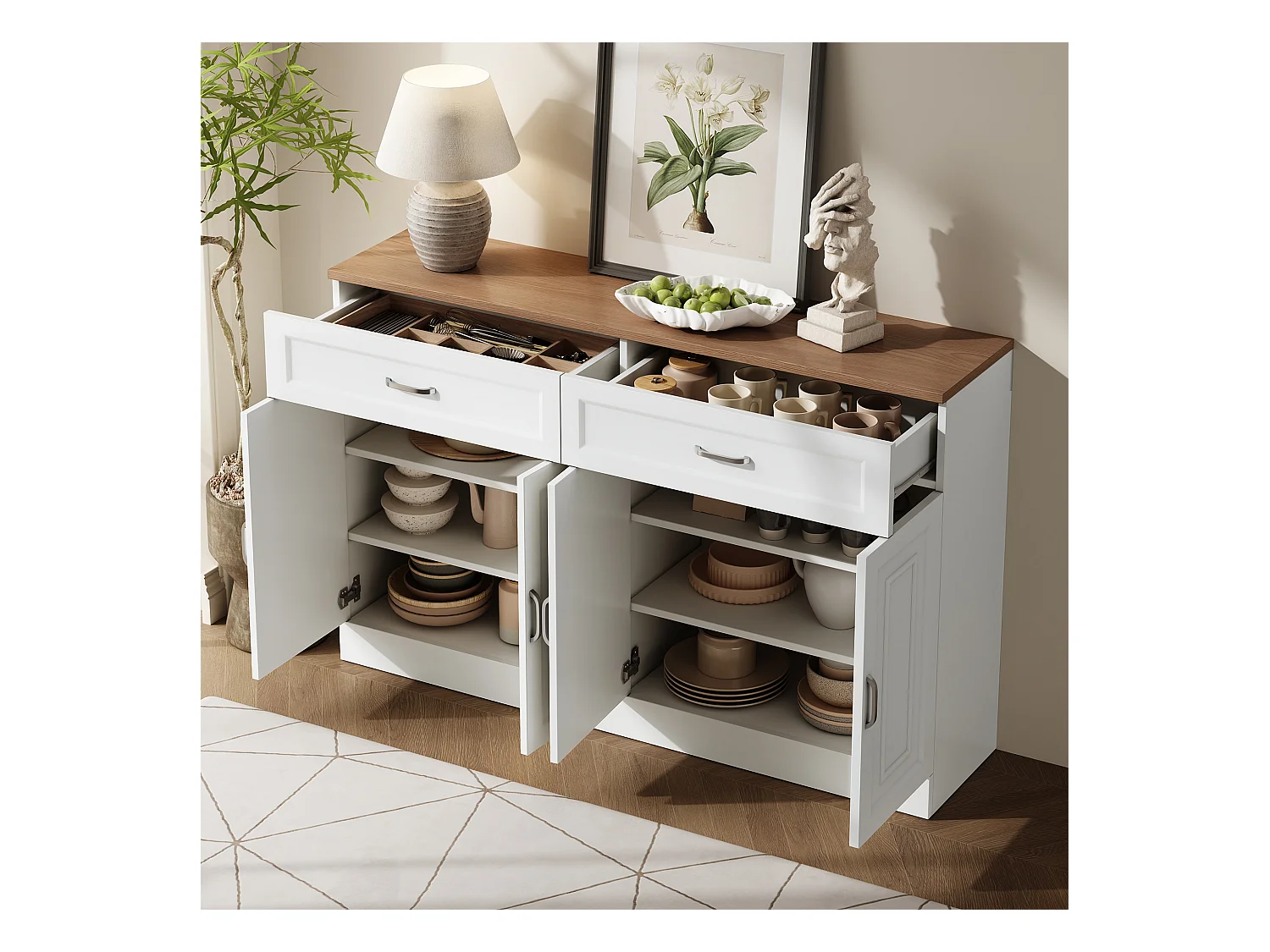 Buffet blanc avec 2 tiroirs et 4 portes, plateau effet bois 120x35x80,5cm