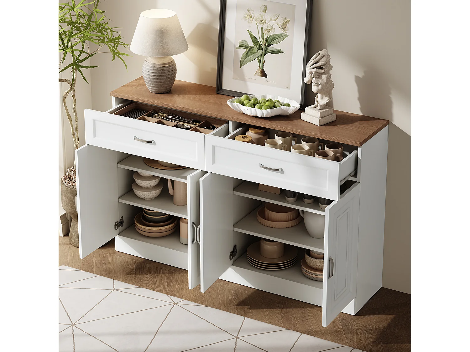 Buffet blanc avec 2 tiroirs et 4 portes, plateau effet bois 120x35x80,5cm