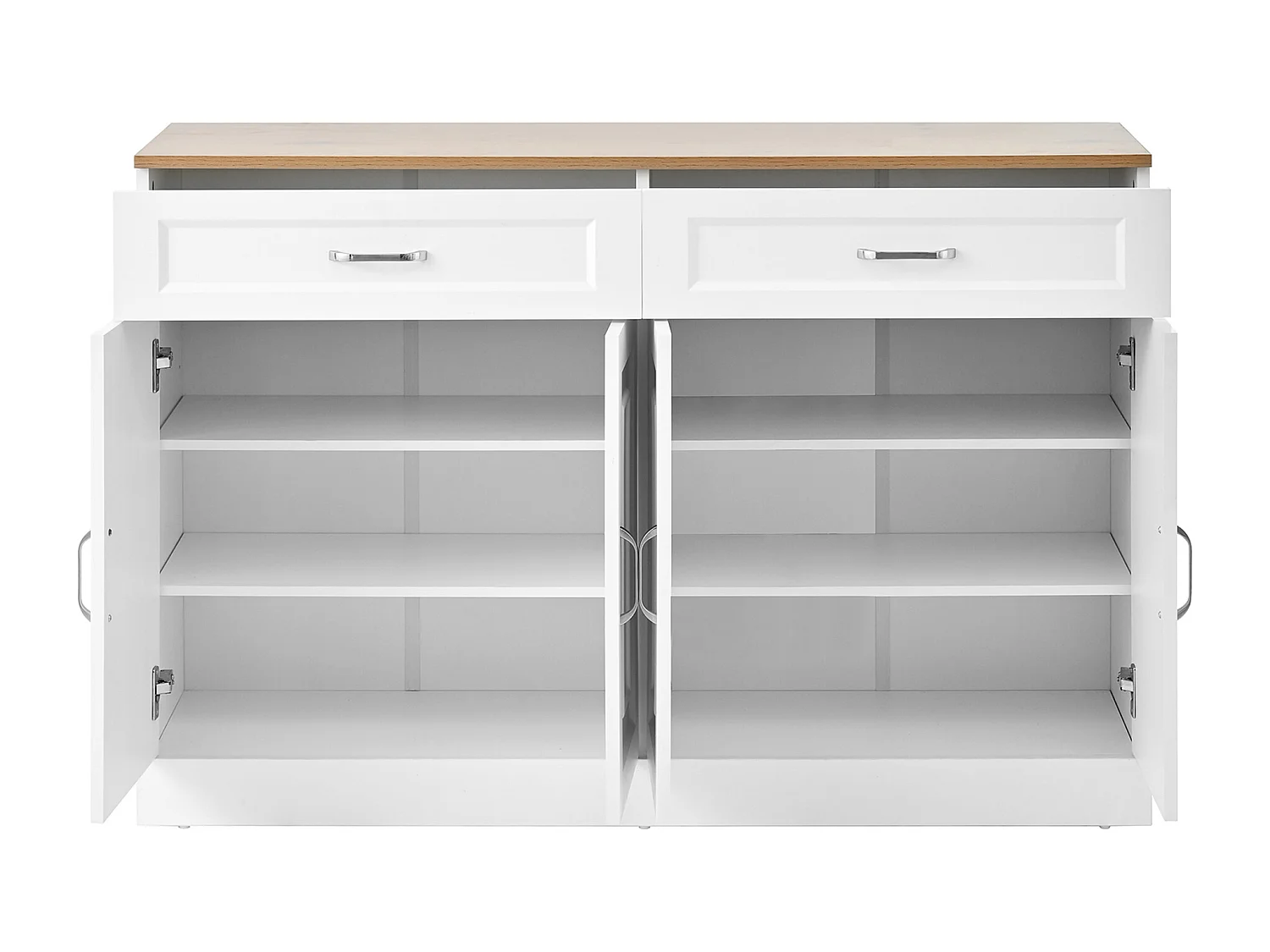 Buffet blanc avec 2 tiroirs et 4 portes, plateau effet bois 120x35x80,5cm