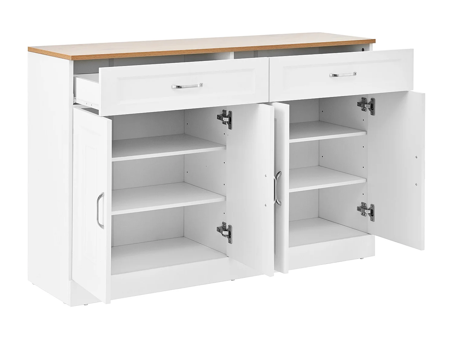 Buffet blanc avec 2 tiroirs et 4 portes, plateau effet bois 120x35x80,5cm