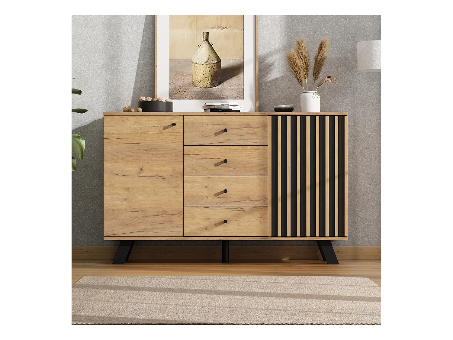 Buffet noir et naturel avec 2 portes et 4 tiroirs, pieds en bois noir 120x38x75 cm