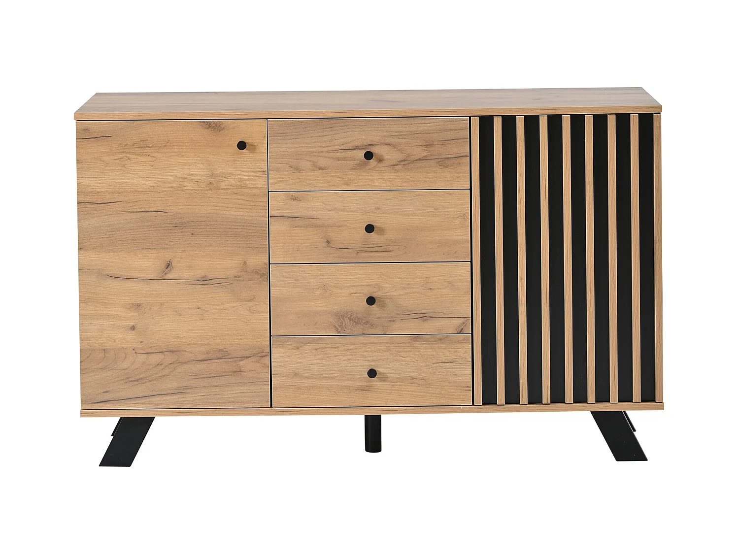 Buffet noir et naturel avec 2 portes et 4 tiroirs, pieds en bois noir 120x38x75 cm
