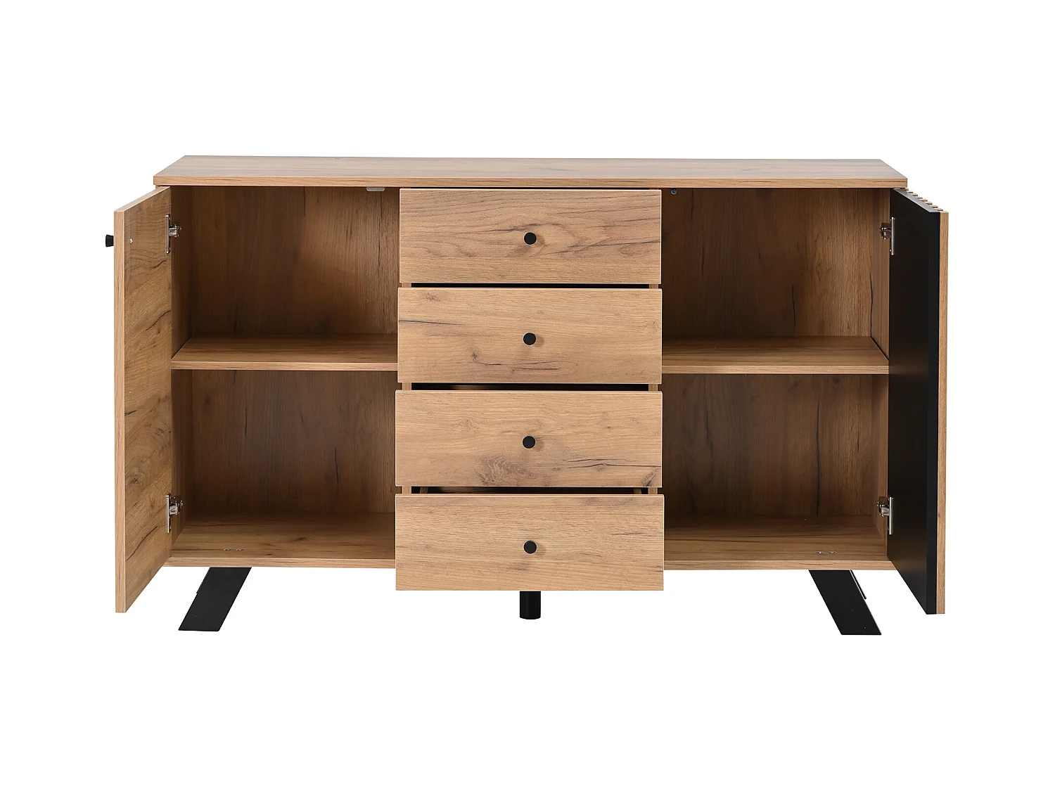 Buffet noir et naturel avec 2 portes et 4 tiroirs, pieds en bois noir 120x38x75 cm