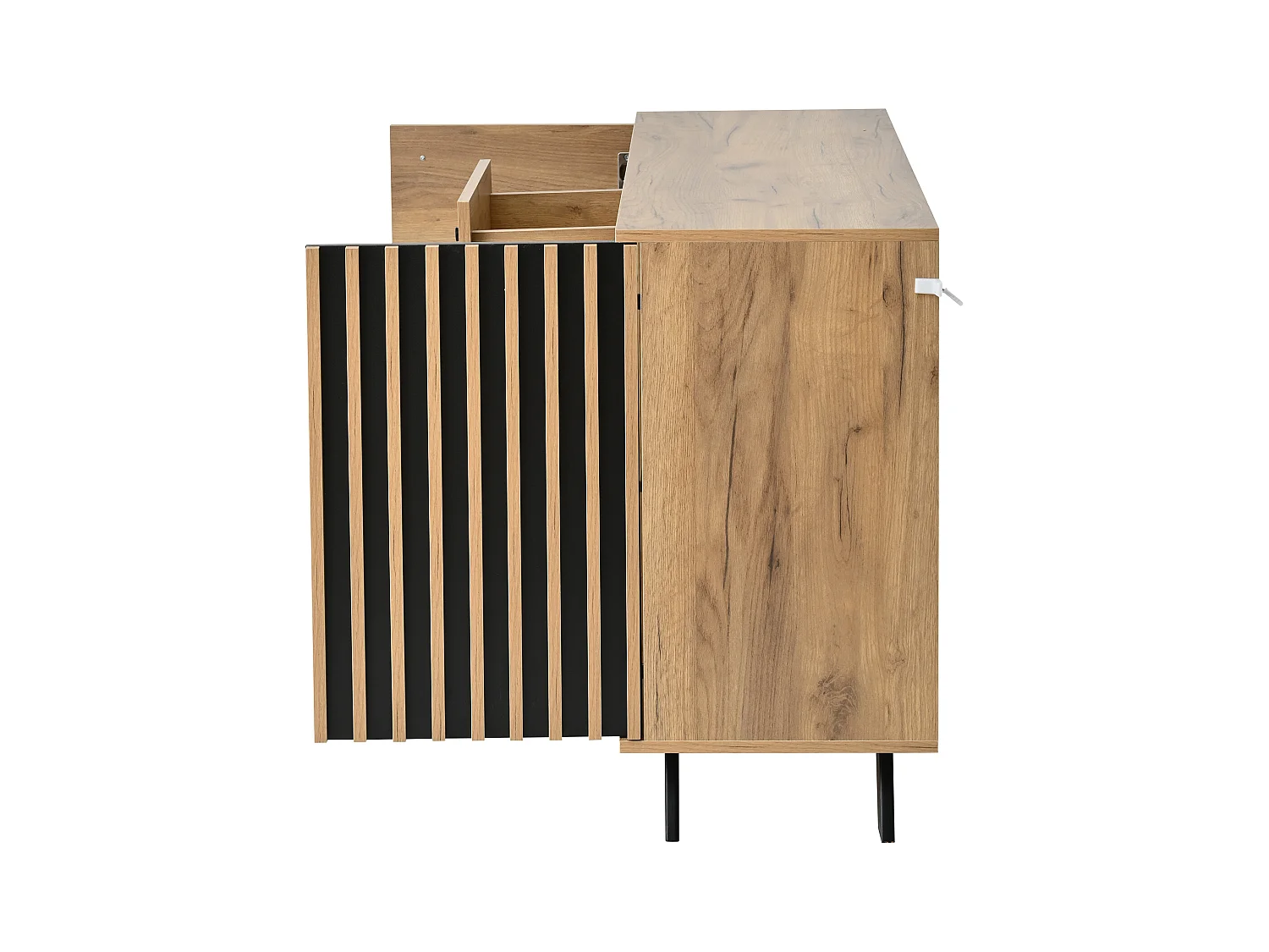 Buffet noir et naturel avec 2 portes et 4 tiroirs, pieds en bois noir 120x38x75 cm