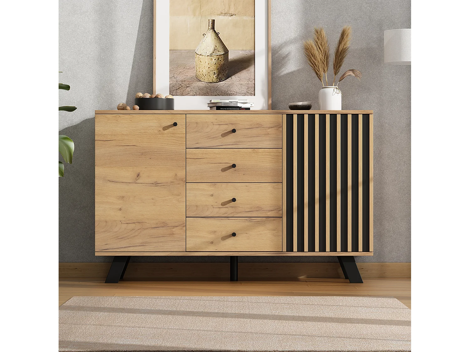 Aparador negro y natural con 2 puertas y 4 cajones, patas de madera negra 120x38x75 cm
